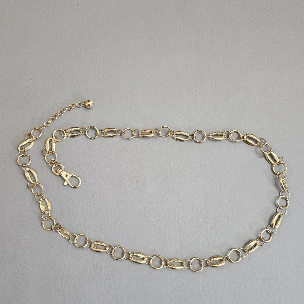 Gold Tone Cowrie Shell Shaped Chain Belt Adjustable Metal Waist 42 Inch Goddess